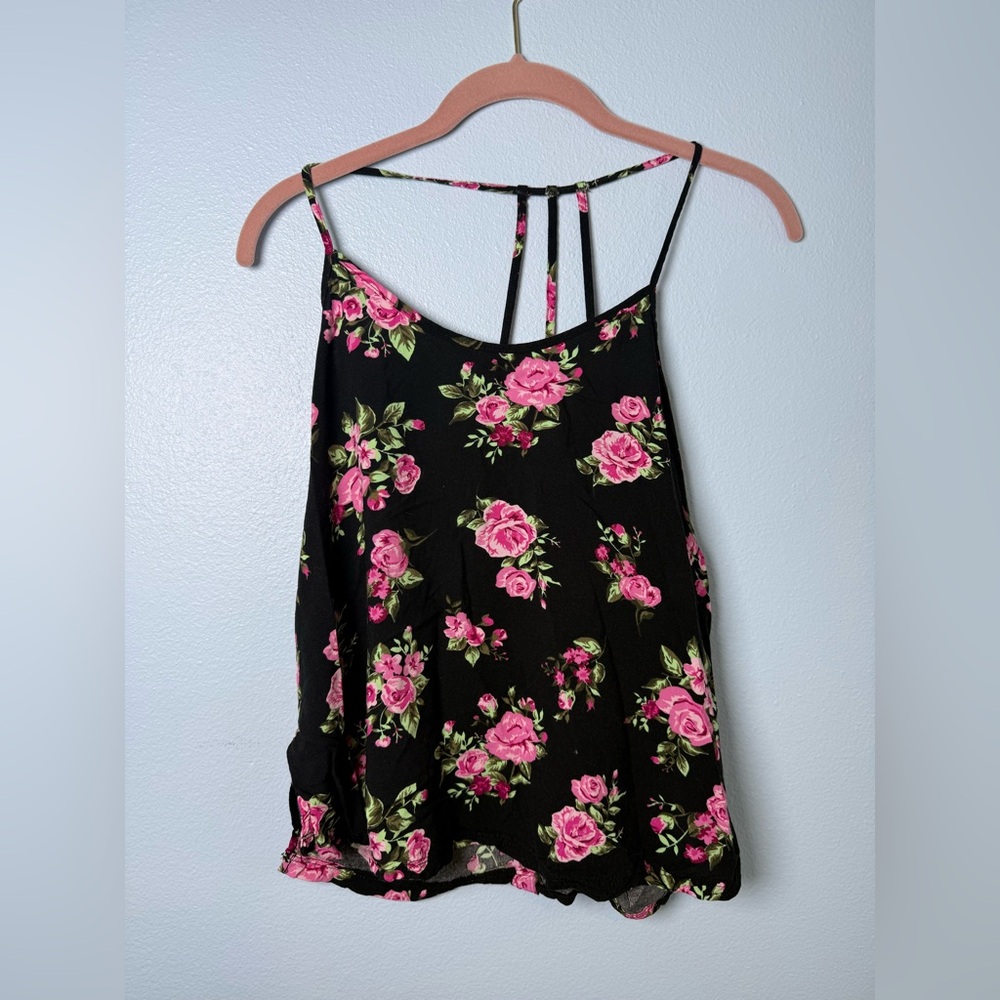 No Boundaries Black Floral Cami with Pink Rose Print